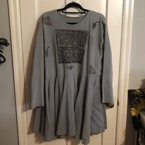 VINTAGE BLUE FISH heavy cotton tunic / dress/ top w/ hand painted detail, signed